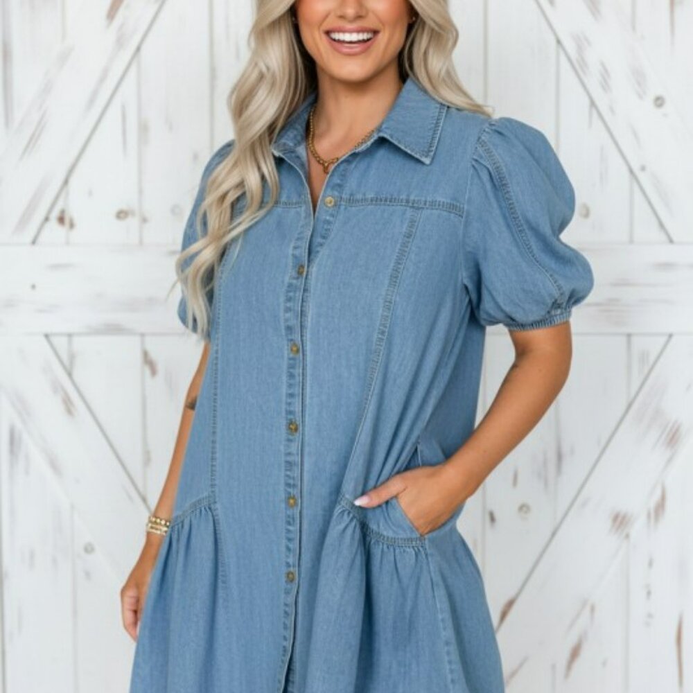 Denim Short Puff Sleeve Ruffle Hem Buttoned Dress